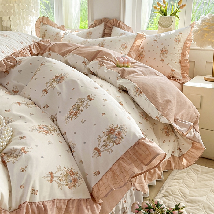 91家纺网 家纺一手货源 找家纺 兴美佳家纺 2026新款全棉印花韩版花边床裙款四件套 繁花似锦