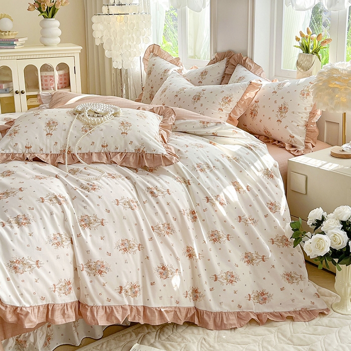 91家纺网 家纺一手货源 找家纺 兴美佳家纺 2026新款全棉印花韩版花边床裙款四件套 繁花似锦