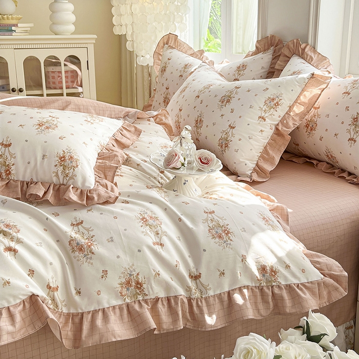 91家纺网 家纺一手货源 找家纺 兴美佳家纺 2026新款全棉印花韩版花边床裙款四件套 繁花似锦