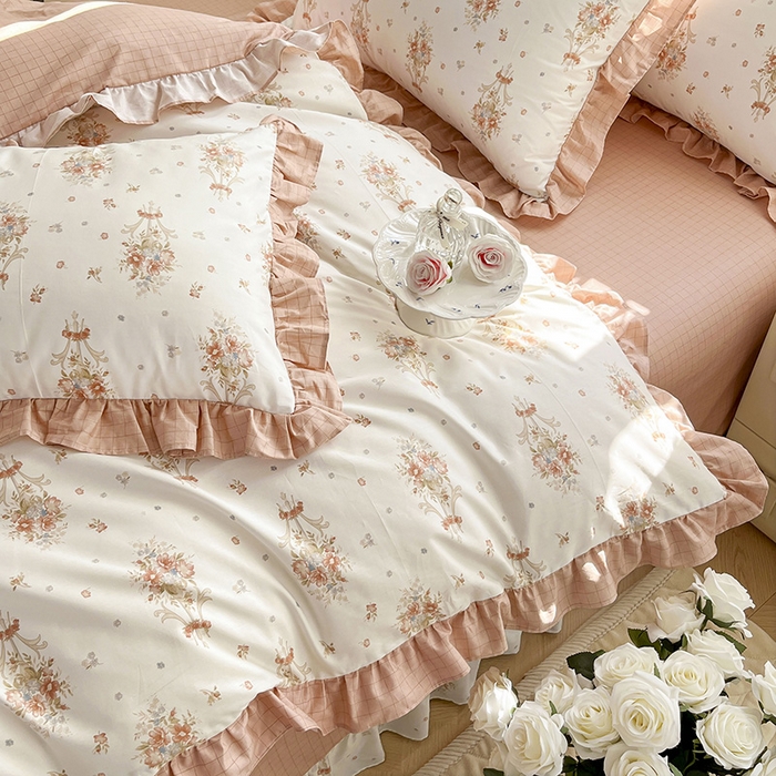 91家纺网 家纺一手货源 找家纺 兴美佳家纺 2026新款全棉印花韩版花边床裙款四件套 繁花似锦