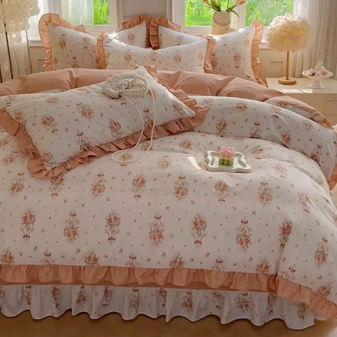 91家纺网 家纺一手货源 找家纺 兴美佳家纺 2026新款全棉印花韩版花边床裙款四件套 繁花似锦