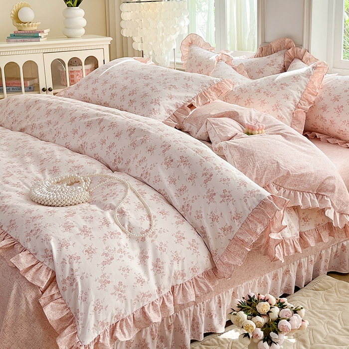 兴美佳家纺 2026新款全棉印花韩版花边床裙款四件套 花开半夏-粉