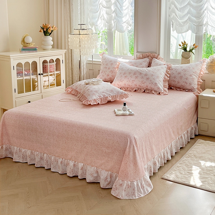 91家纺网 家纺一手货源 找家纺 兴美佳家纺 2026新款全棉印花韩版花边床裙款四件套 花开半夏-粉