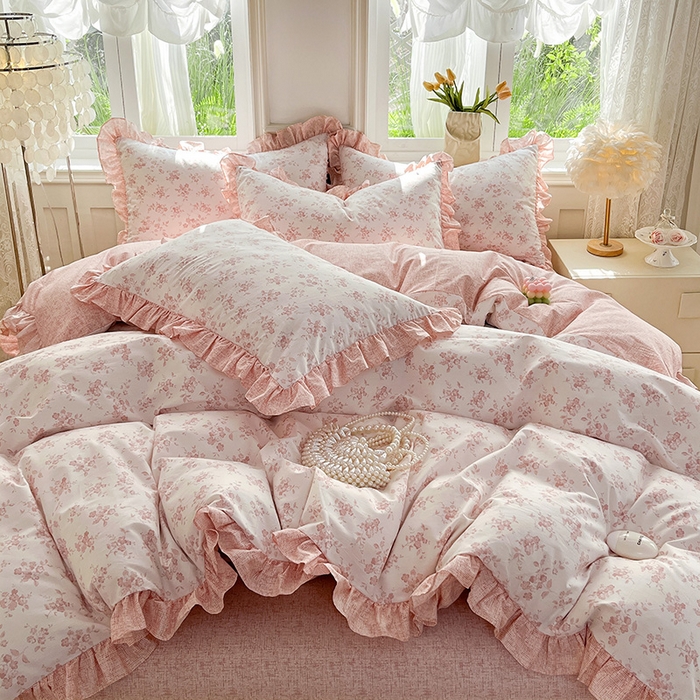 91家纺网 家纺一手货源 找家纺 兴美佳家纺 2026新款全棉印花韩版花边床裙款四件套 花开半夏-粉