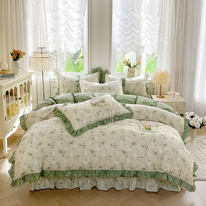 91家纺网 家纺一手货源 找家纺 兴美佳家纺 2026新款全棉印花韩版花边床裙款四件套 佳期如梦