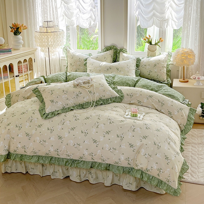 91家纺网 家纺一手货源 找家纺 兴美佳家纺 2026新款全棉印花韩版花边床裙款四件套 佳期如梦