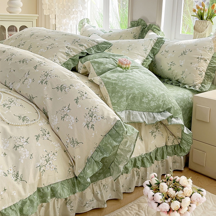 91家纺网 家纺一手货源 找家纺 兴美佳家纺 2026新款全棉印花韩版花边床裙款四件套 佳期如梦