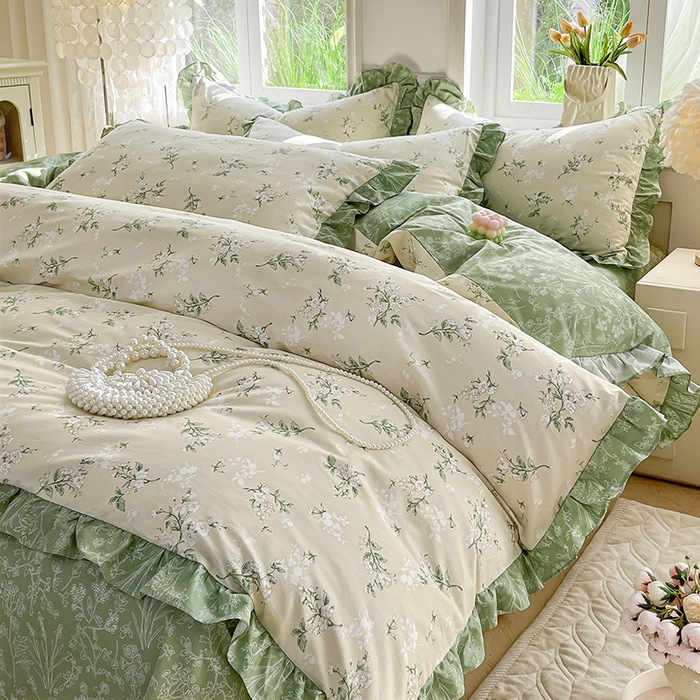 91家纺网 家纺一手货源 找家纺 兴美佳家纺 2026新款全棉印花韩版花边床裙款四件套 佳期如梦