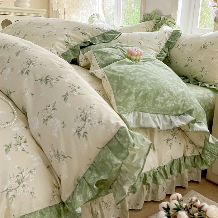 91家纺网 家纺一手货源 找家纺 兴美佳家纺 2026新款全棉印花韩版花边床裙款四件套 佳期如梦