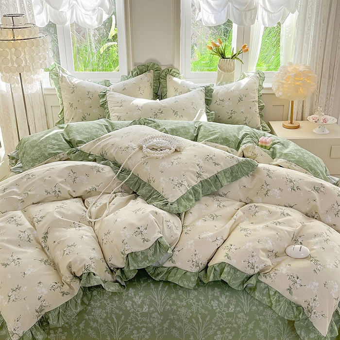 91家纺网 家纺一手货源 找家纺 兴美佳家纺 2026新款全棉印花韩版花边床裙款四件套 佳期如梦