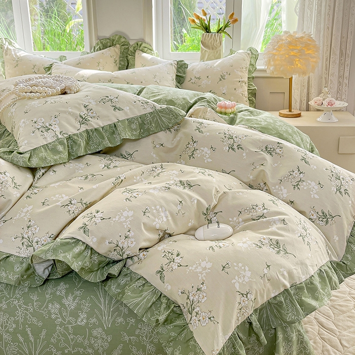 91家纺网 家纺一手货源 找家纺 兴美佳家纺 2026新款全棉印花韩版花边床裙款四件套 佳期如梦