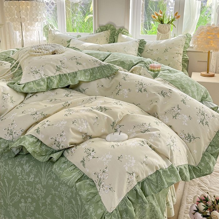 91家纺网 家纺一手货源 找家纺 兴美佳家纺 2026新款全棉印花韩版花边床裙款四件套 佳期如梦