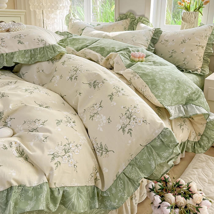 91家纺网 家纺一手货源 找家纺 兴美佳家纺 2026新款全棉印花韩版花边床裙款四件套 佳期如梦