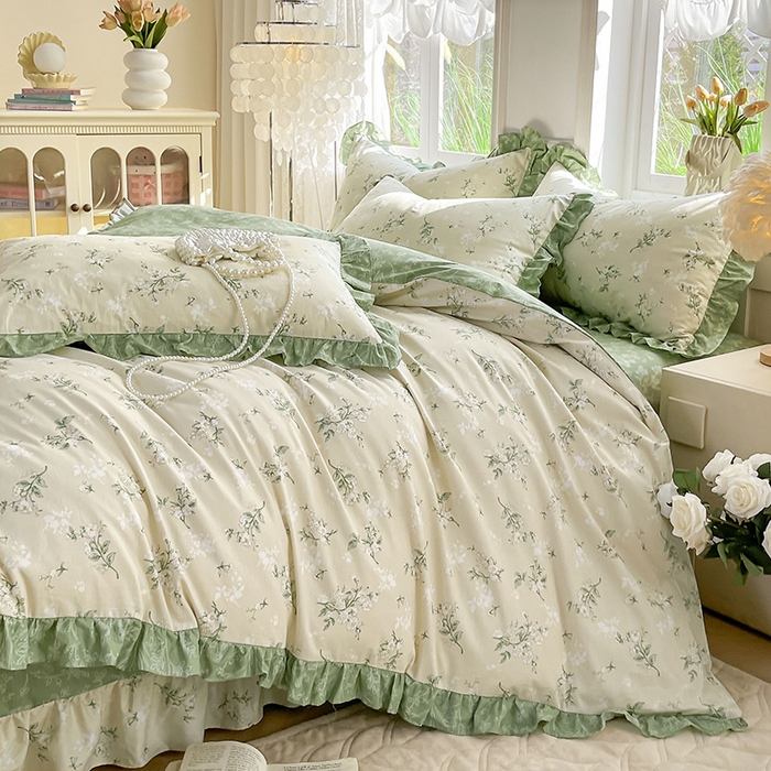 91家纺网 家纺一手货源 找家纺 兴美佳家纺 2026新款全棉印花韩版花边床裙款四件套 佳期如梦