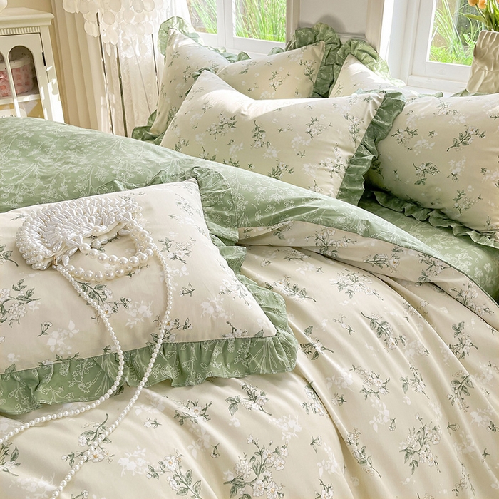 91家纺网 家纺一手货源 找家纺 兴美佳家纺 2026新款全棉印花韩版花边床裙款四件套 佳期如梦