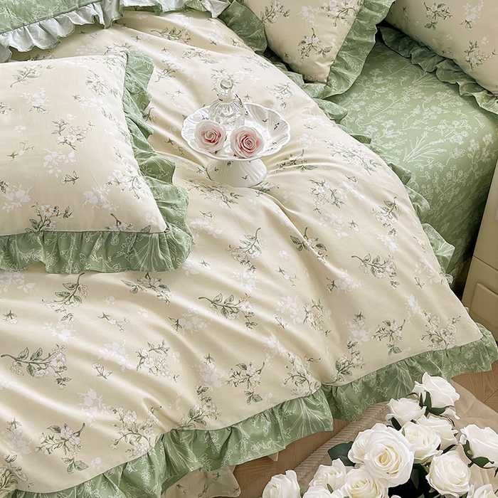 91家纺网 家纺一手货源 找家纺 兴美佳家纺 2026新款全棉印花韩版花边床裙款四件套 佳期如梦