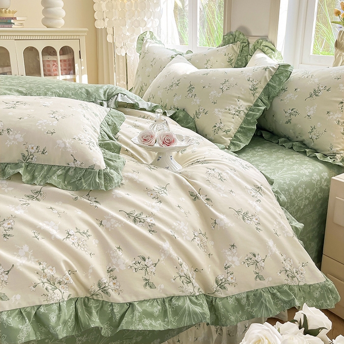 91家纺网 家纺一手货源 找家纺 兴美佳家纺 2026新款全棉印花韩版花边床裙款四件套 佳期如梦