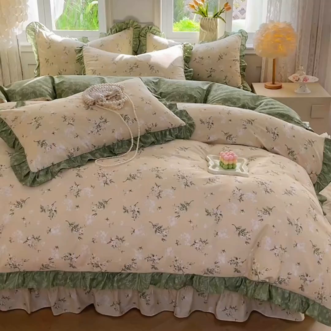 91家纺网 家纺一手货源 找家纺 兴美佳家纺 2026新款全棉印花韩版花边床裙款四件套 佳期如梦