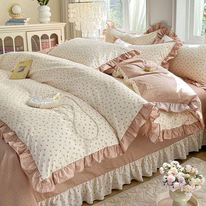 兴美佳家纺 2026新款全棉印花韩版花边床裙款四件套 可可樱桃