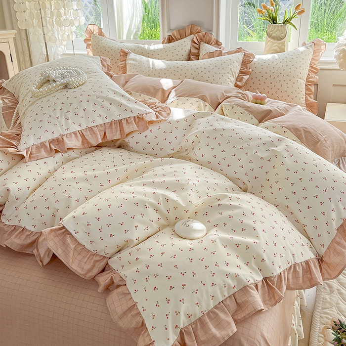 91家纺网 家纺一手货源 找家纺 兴美佳家纺 2026新款全棉印花韩版花边床裙款四件套 可可樱桃