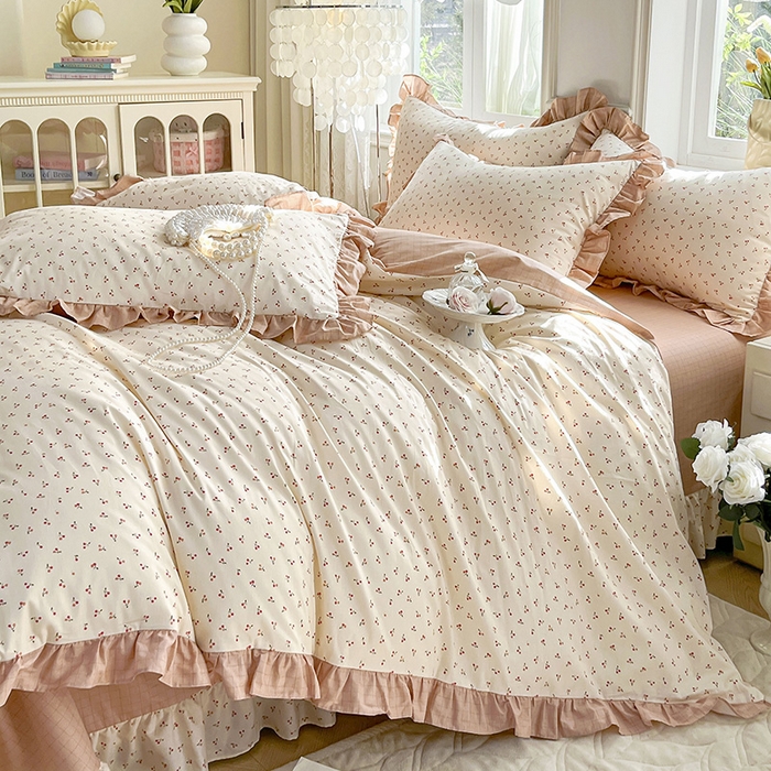 91家纺网 家纺一手货源 找家纺 兴美佳家纺 2026新款全棉印花韩版花边床裙款四件套 可可樱桃