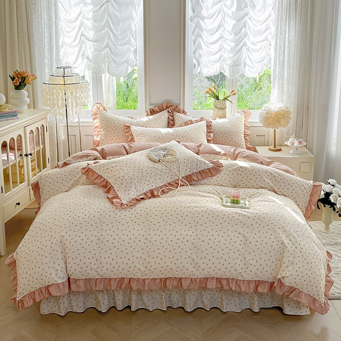 91家纺网 家纺一手货源 找家纺 兴美佳家纺 2026新款全棉印花韩版花边床裙款四件套 可可樱桃