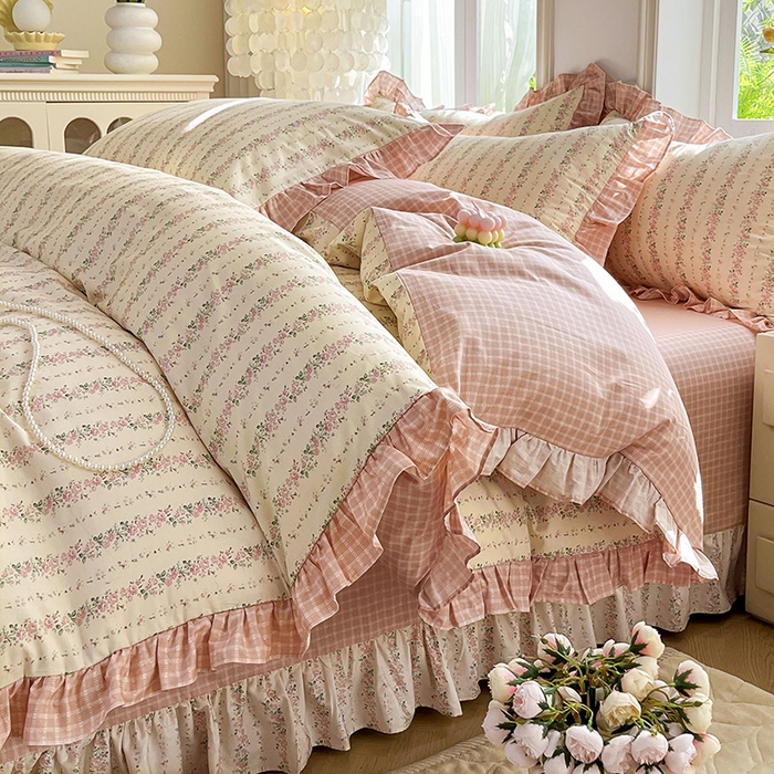 91家纺网 家纺一手货源 找家纺 兴美佳家纺 2026新款全棉印花韩版花边床裙款四件套 暖暖