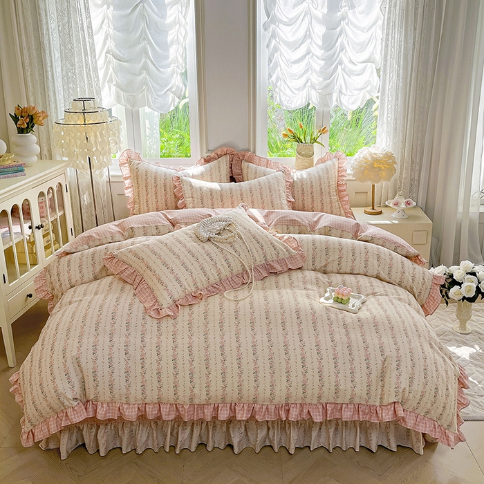 91家纺网 家纺一手货源 找家纺 兴美佳家纺 2026新款全棉印花韩版花边床裙款四件套 暖暖