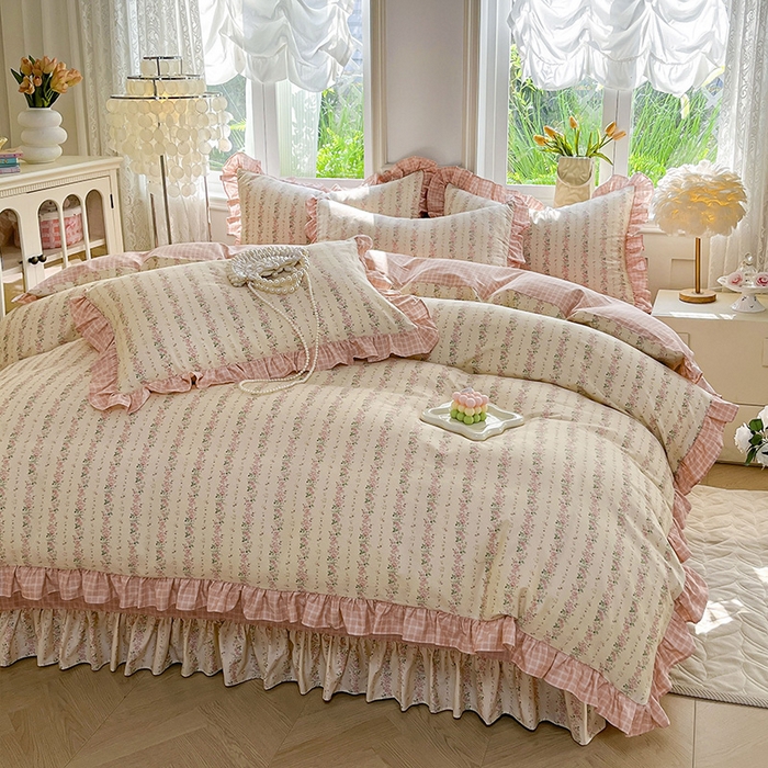 91家纺网 家纺一手货源 找家纺 兴美佳家纺 2026新款全棉印花韩版花边床裙款四件套 暖暖