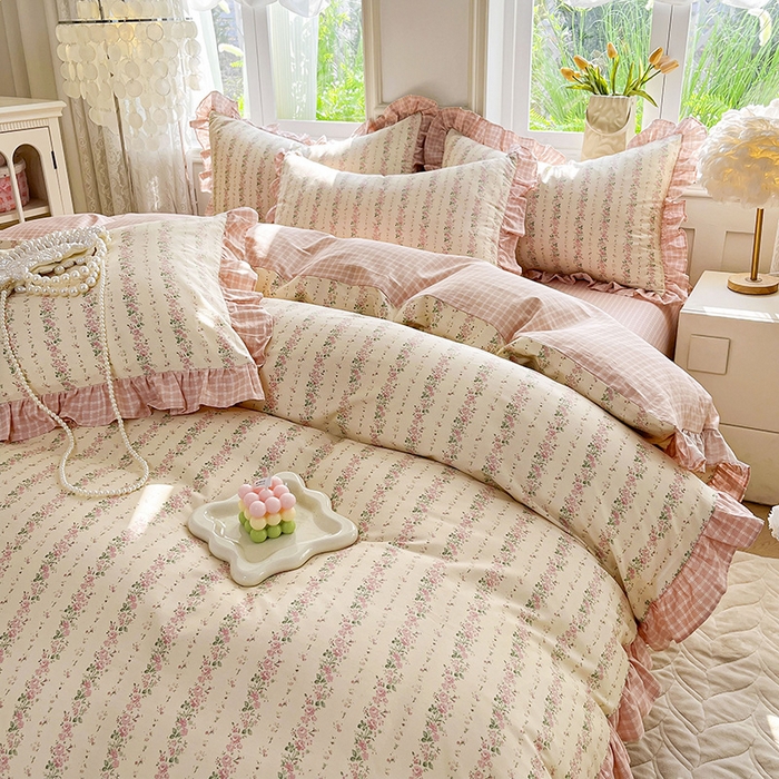 91家纺网 家纺一手货源 找家纺 兴美佳家纺 2026新款全棉印花韩版花边床裙款四件套 暖暖