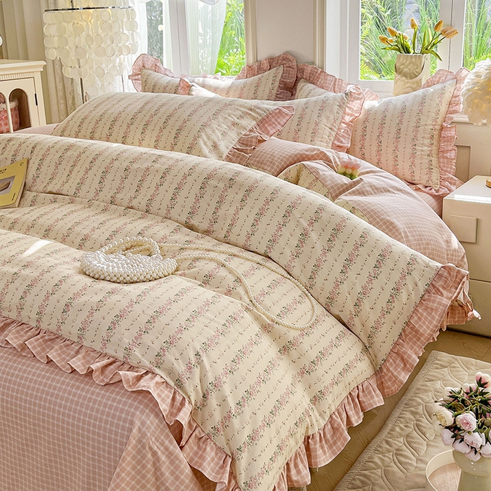 91家纺网 家纺一手货源 找家纺 兴美佳家纺 2026新款全棉印花韩版花边床裙款四件套 暖暖