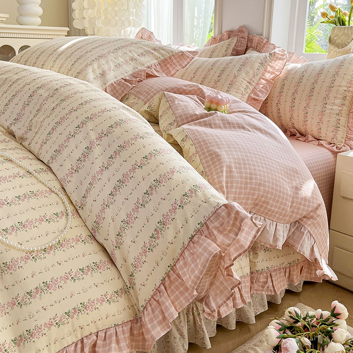 91家纺网 家纺一手货源 找家纺 兴美佳家纺 2026新款全棉印花韩版花边床裙款四件套 暖暖