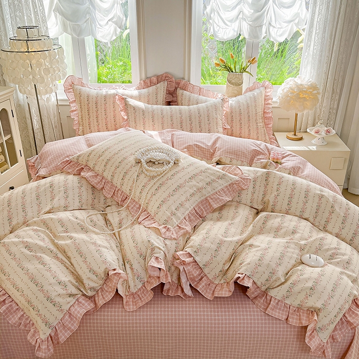 91家纺网 家纺一手货源 找家纺 兴美佳家纺 2026新款全棉印花韩版花边床裙款四件套 暖暖