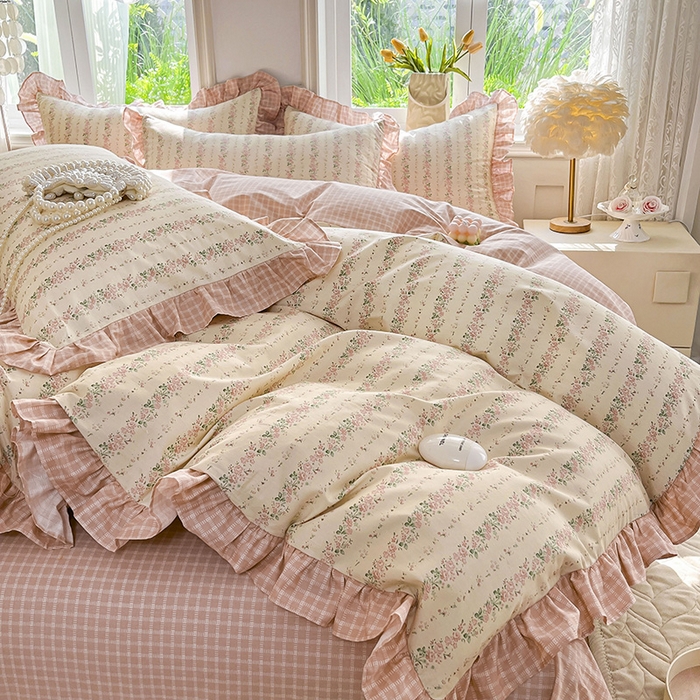 91家纺网 家纺一手货源 找家纺 兴美佳家纺 2026新款全棉印花韩版花边床裙款四件套 暖暖