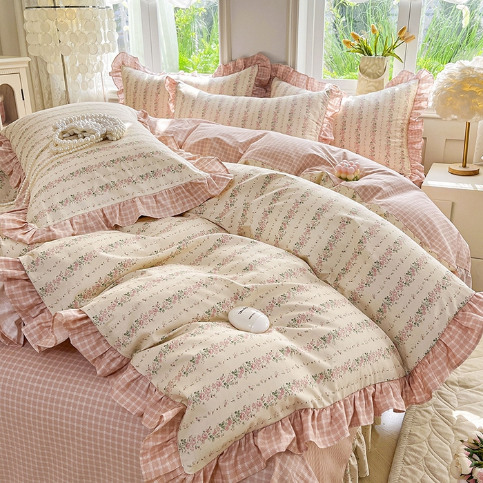 91家纺网 家纺一手货源 找家纺 兴美佳家纺 2026新款全棉印花韩版花边床裙款四件套 暖暖