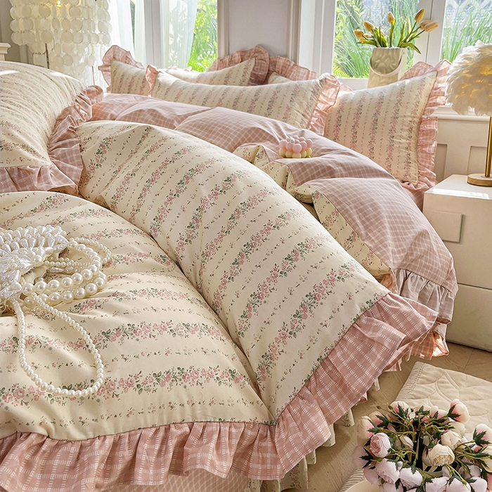 91家纺网 家纺一手货源 找家纺 兴美佳家纺 2026新款全棉印花韩版花边床裙款四件套 暖暖