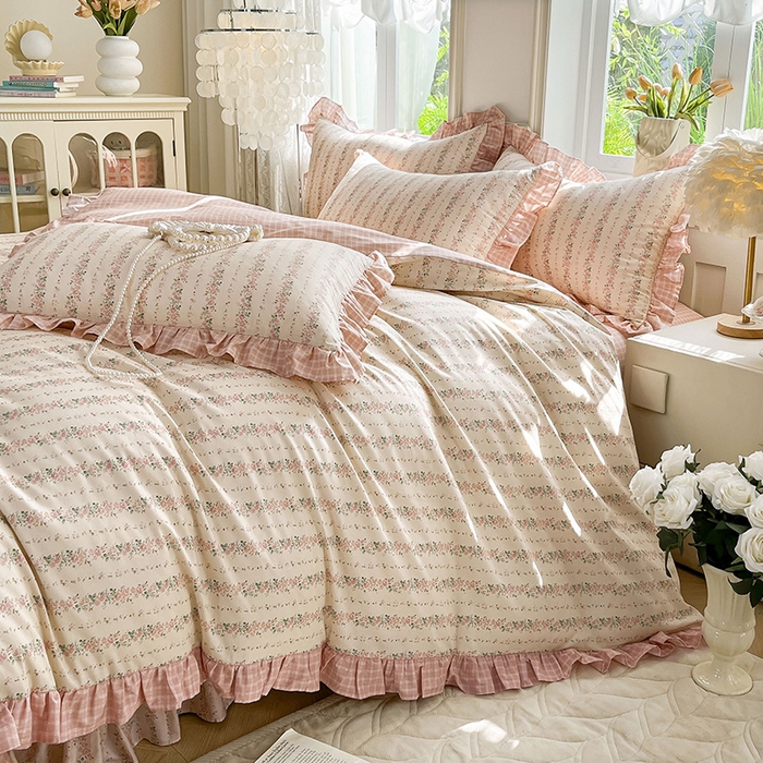 91家纺网 家纺一手货源 找家纺 兴美佳家纺 2026新款全棉印花韩版花边床裙款四件套 暖暖