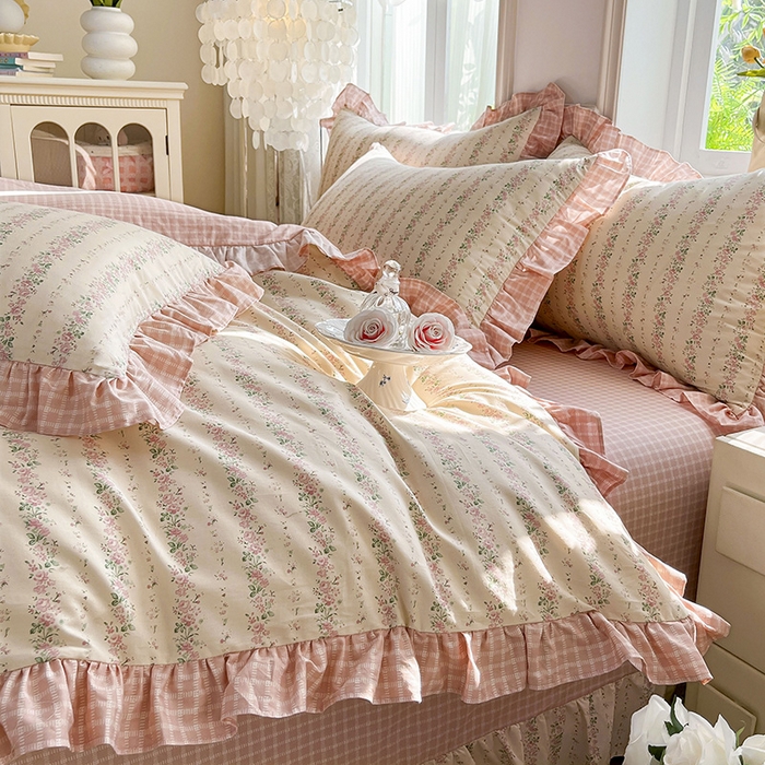 91家纺网 家纺一手货源 找家纺 兴美佳家纺 2026新款全棉印花韩版花边床裙款四件套 暖暖