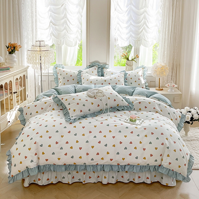 91家纺网 家纺一手货源 找家纺 兴美佳家纺 2026新款全棉印花韩版花边床裙款四件套 怦然心动