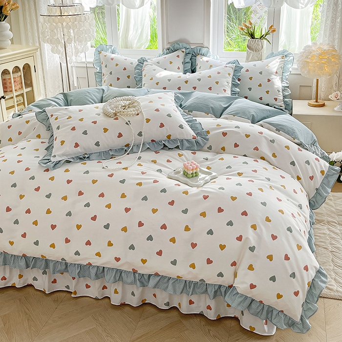 91家纺网 家纺一手货源 找家纺 兴美佳家纺 2026新款全棉印花韩版花边床裙款四件套 怦然心动