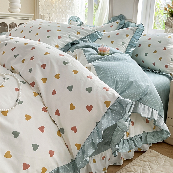 91家纺网 家纺一手货源 找家纺 兴美佳家纺 2026新款全棉印花韩版花边床裙款四件套 怦然心动