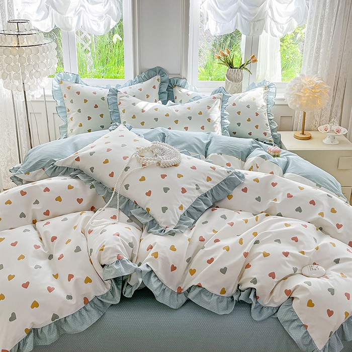 91家纺网 家纺一手货源 找家纺 兴美佳家纺 2026新款全棉印花韩版花边床裙款四件套 怦然心动