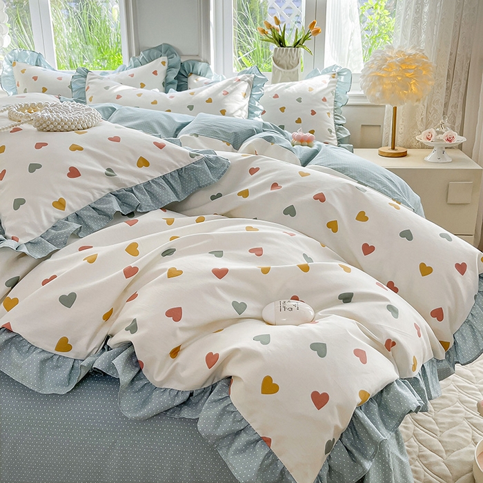 91家纺网 家纺一手货源 找家纺 兴美佳家纺 2026新款全棉印花韩版花边床裙款四件套 怦然心动