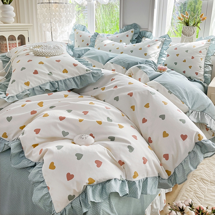 91家纺网 家纺一手货源 找家纺 兴美佳家纺 2026新款全棉印花韩版花边床裙款四件套 怦然心动