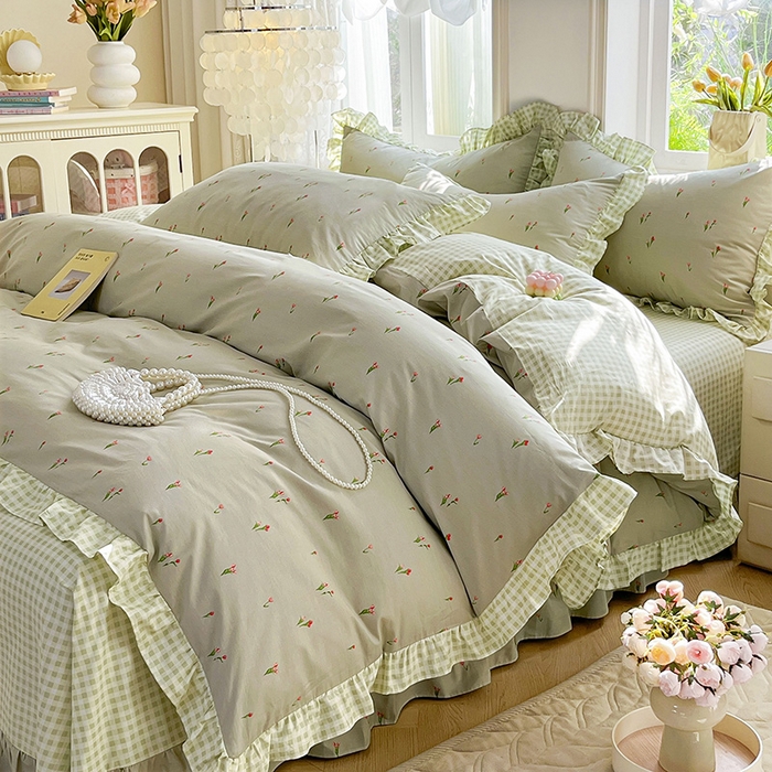 兴美佳家纺 2026新款全棉印花韩版花边床裙款四件套 郁郁葱葱