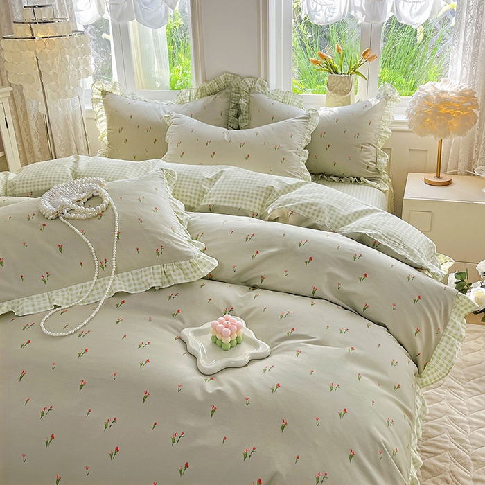 91家纺网 家纺一手货源 找家纺 兴美佳家纺 2026新款全棉印花韩版花边床裙款四件套 郁郁葱葱