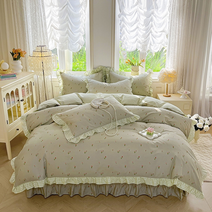 91家纺网 家纺一手货源 找家纺 兴美佳家纺 2026新款全棉印花韩版花边床裙款四件套 郁郁葱葱