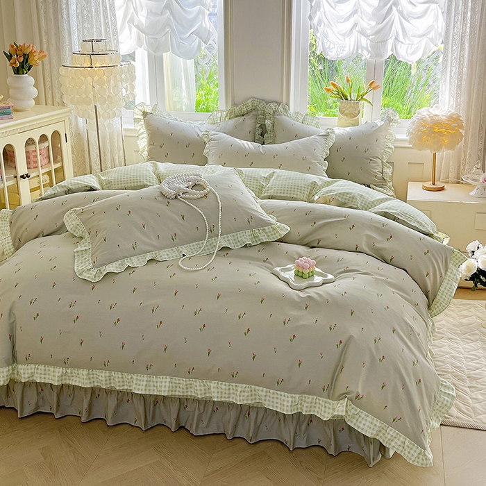 91家纺网 家纺一手货源 找家纺 兴美佳家纺 2026新款全棉印花韩版花边床裙款四件套 郁郁葱葱