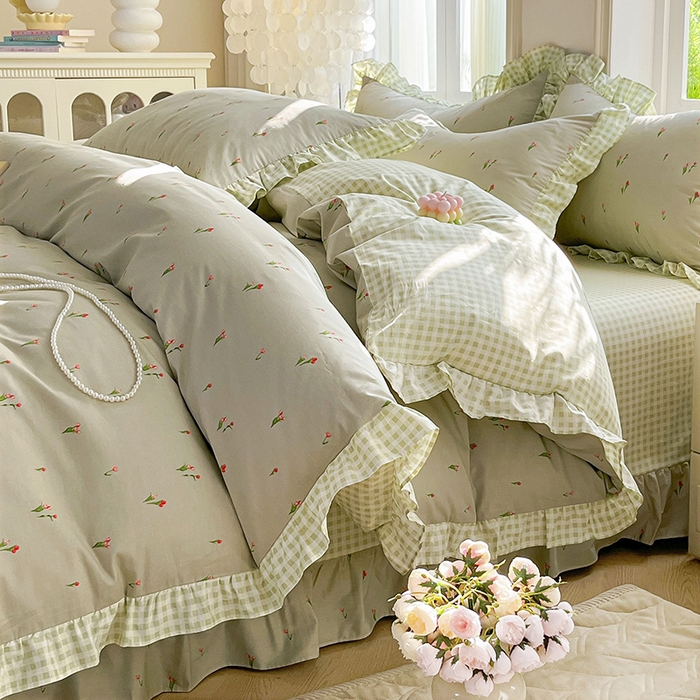 91家纺网 家纺一手货源 找家纺 兴美佳家纺 2026新款全棉印花韩版花边床裙款四件套 郁郁葱葱