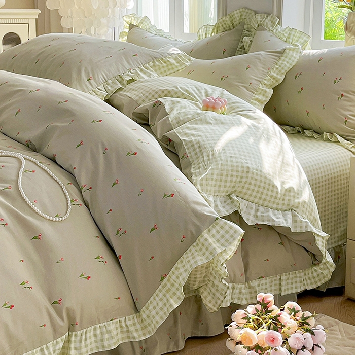 91家纺网 家纺一手货源 找家纺 兴美佳家纺 2026新款全棉印花韩版花边床裙款四件套 郁郁葱葱